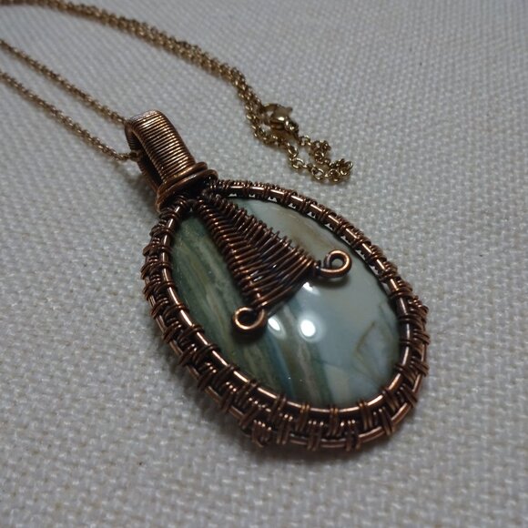 Rustic DENDRITE OPAL Handmade COPPER WIRE-WRAPPED Pendant/Chain #886B - Picture 1 of 3